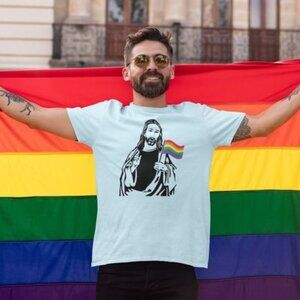 Gay Pride Shirt Jesus Holding LBGTQIA+ Pride Rainbow Flag Tee Shirt